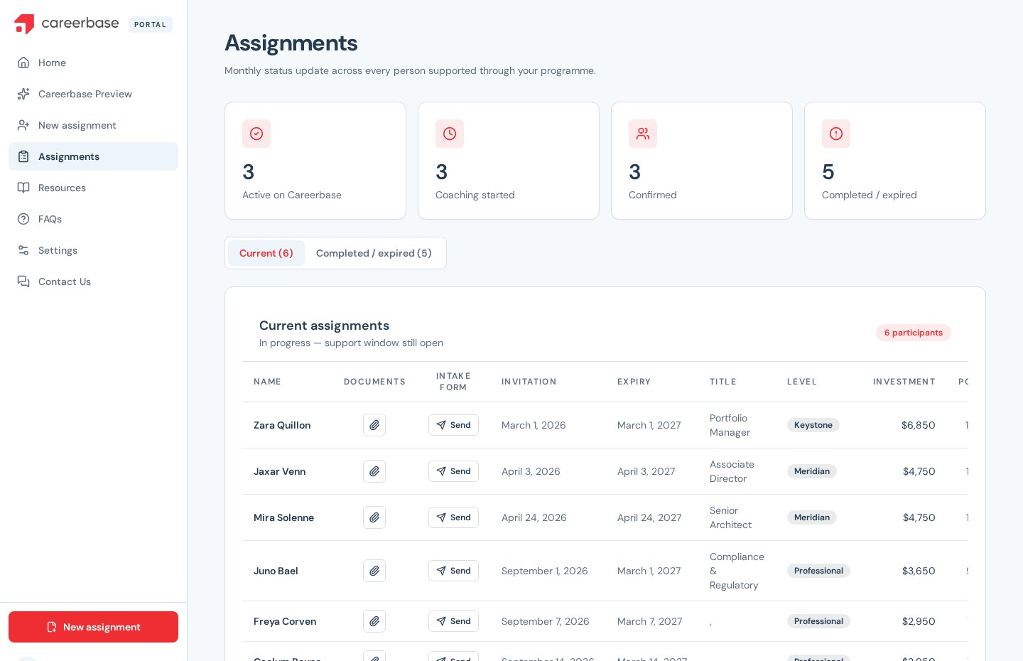Assignment tracking table inside the Careerbase client portal