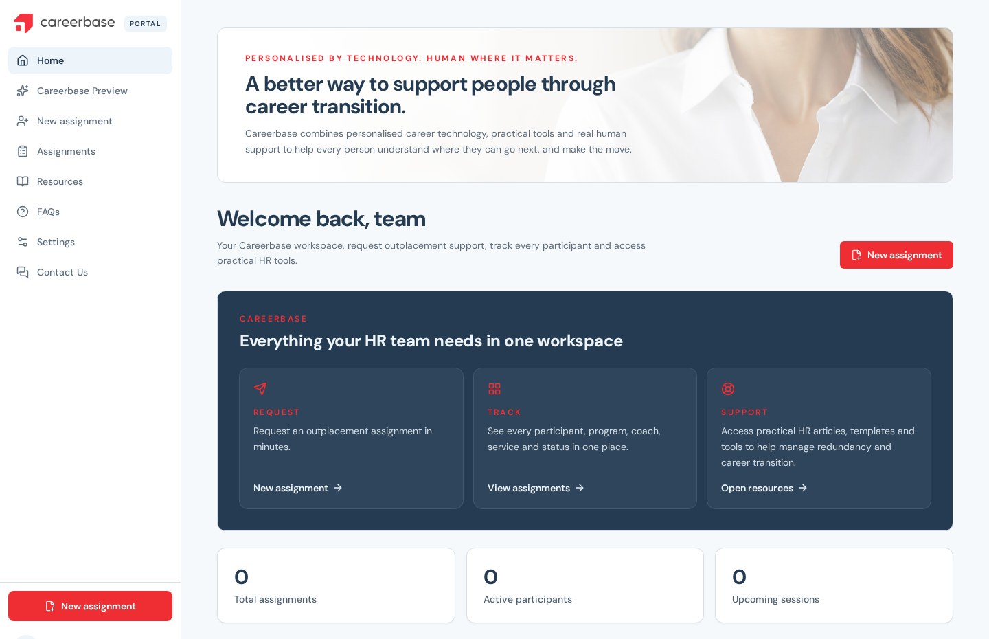 Careerbase client portal home screen showing request, track and support actions