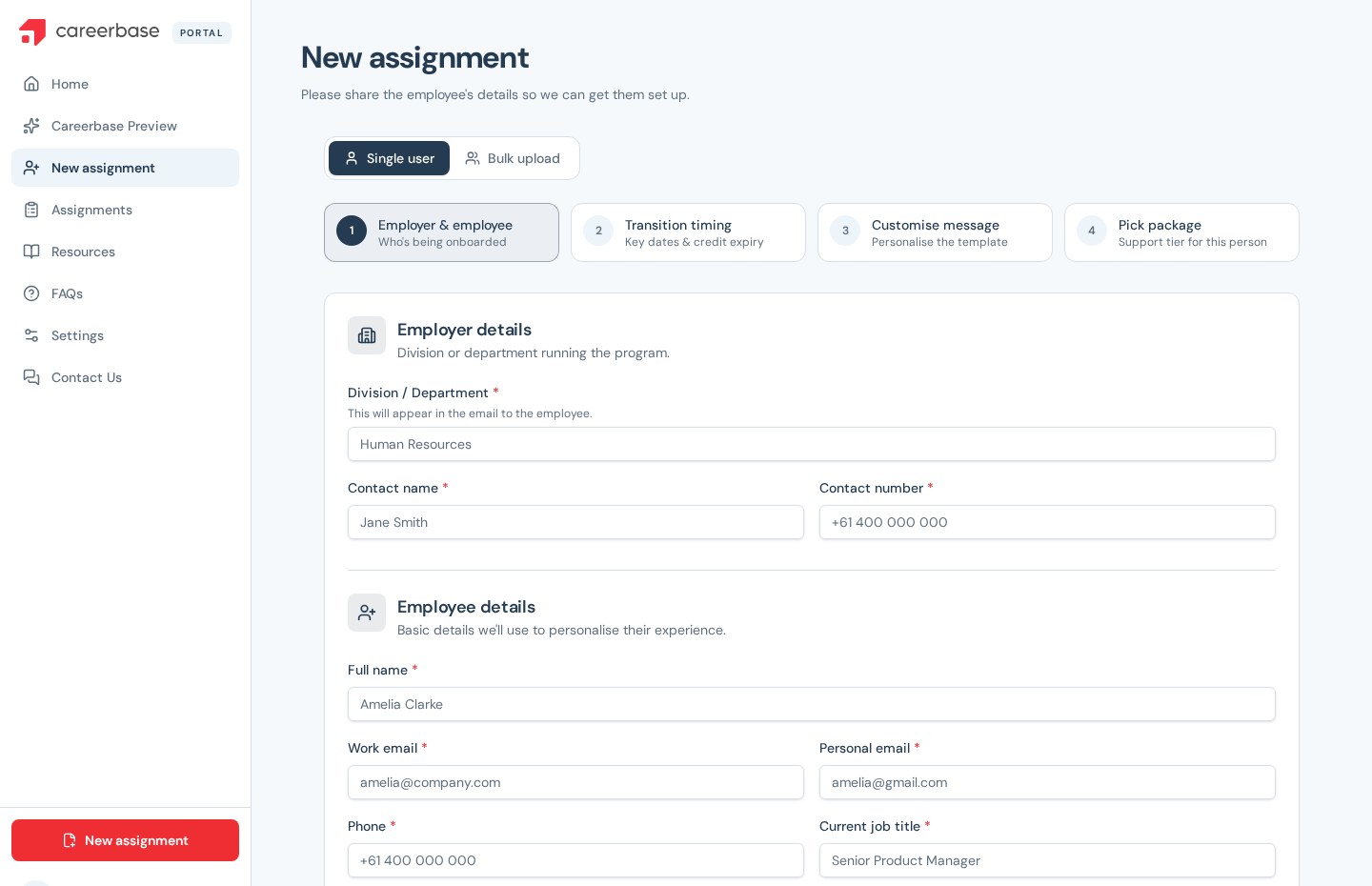 New assignment request form inside the Careerbase client portal