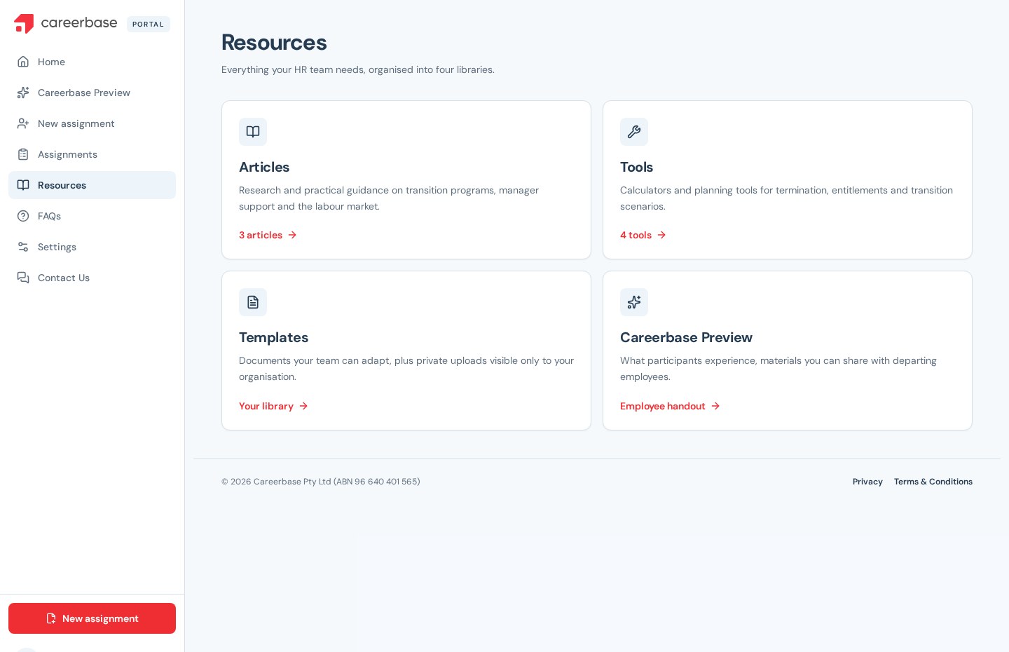 Resources library in the Careerbase client portal showing articles, tools and templates