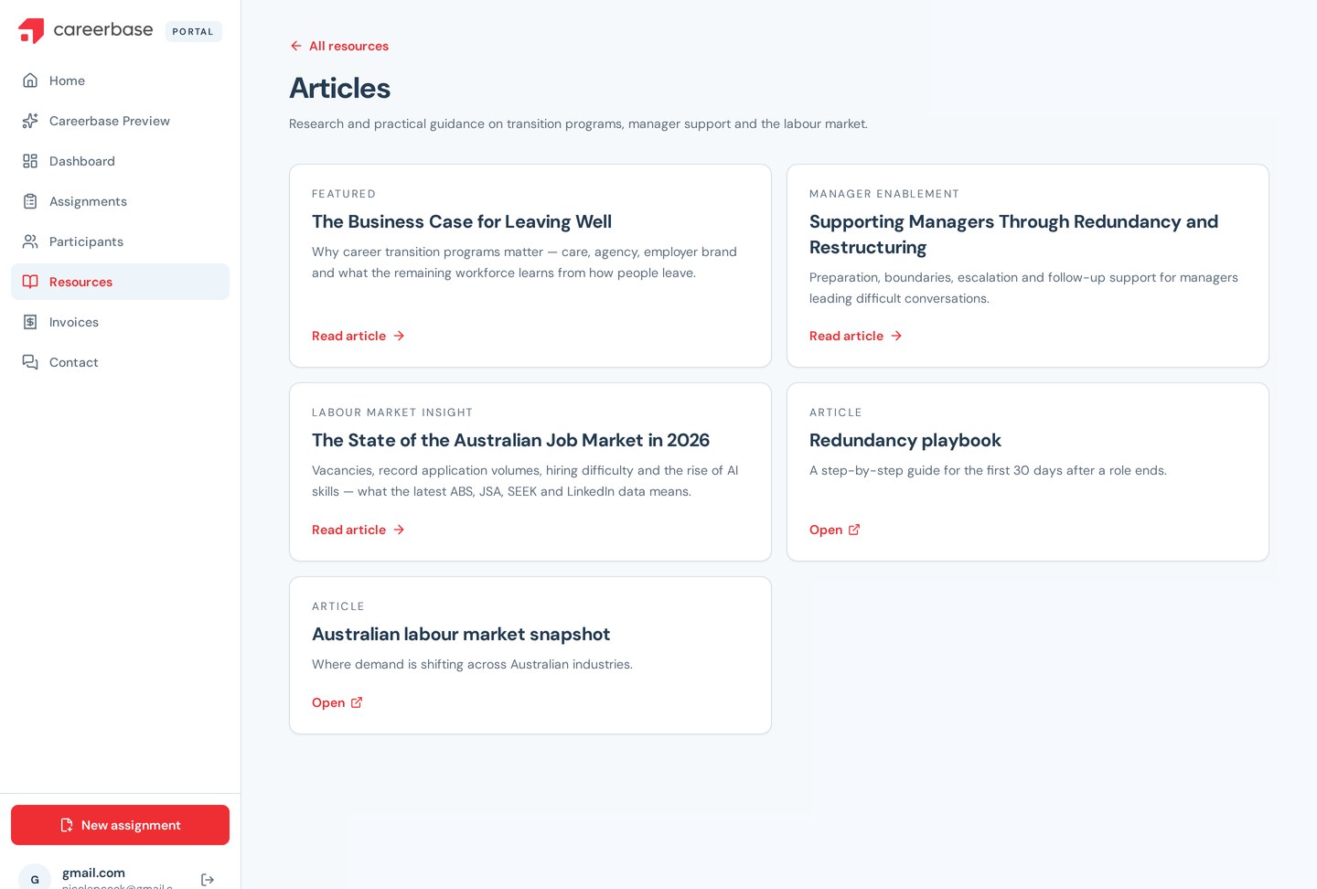 Articles library inside the Careerbase client portal