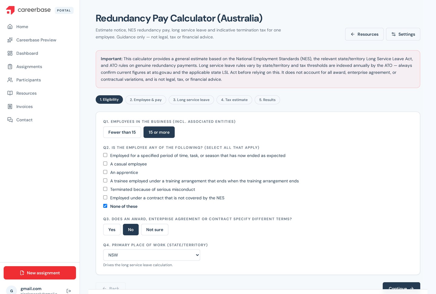 Redundancy pay calculator inside the Careerbase client portal