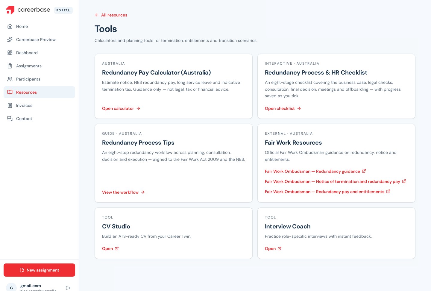 Tools and templates library inside the Careerbase client portal